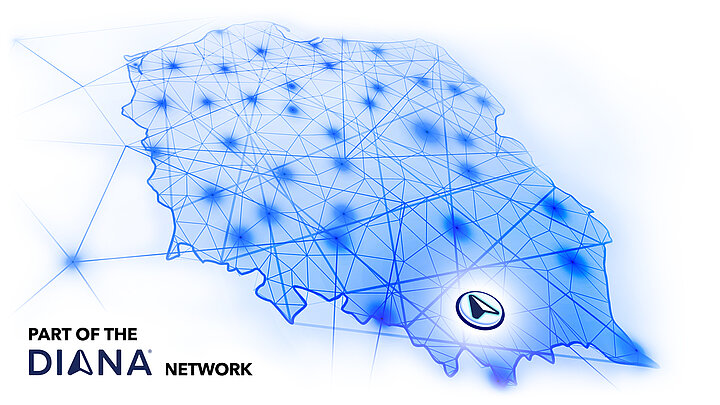 Infographic shows the location of the city of Krakow on the map of Poland. In the lower left corner there are text "PART OF THE DIANA NETWORK"